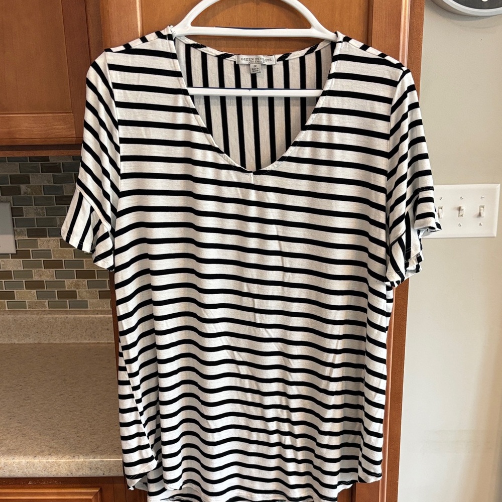 Green envelope Black and White Striped Short Sleeve Tee
